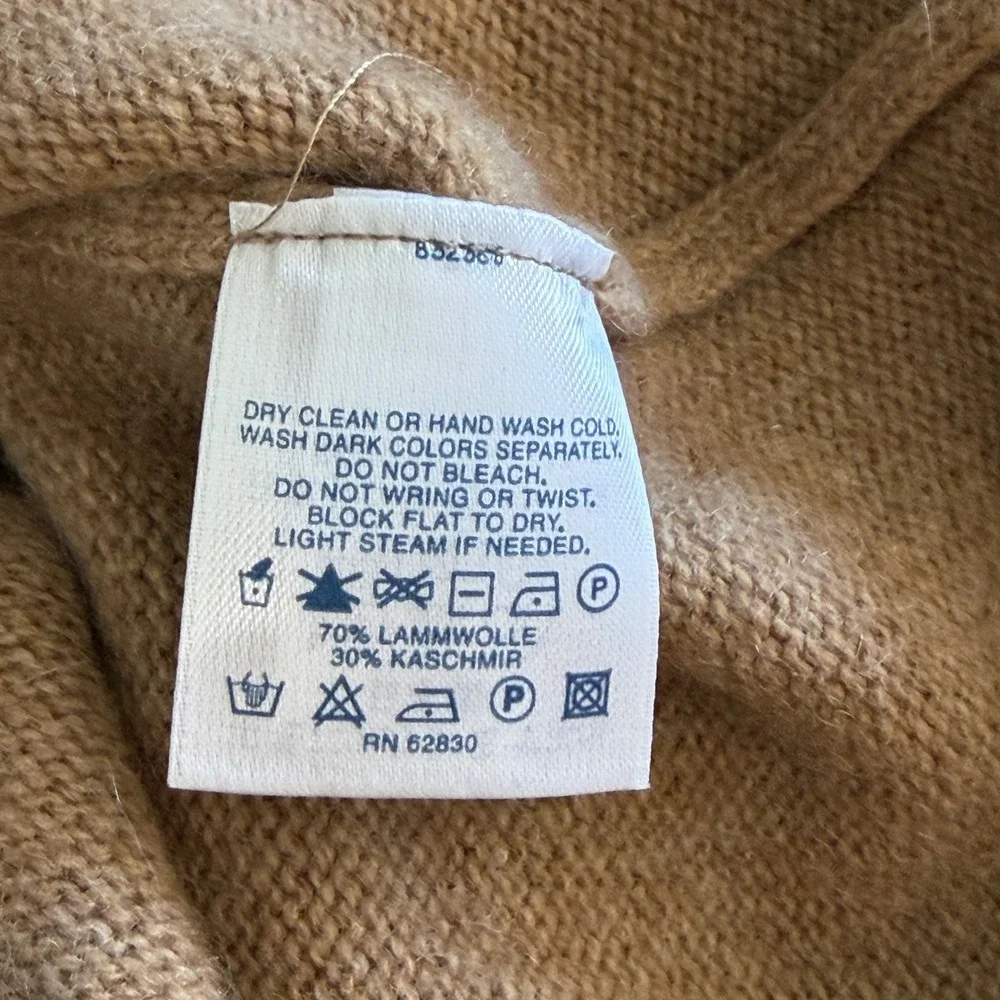 Lands End Mens Lambs Wool Cashmere 1/4 Zip Mock Neck Sweater Tan Luxury Large